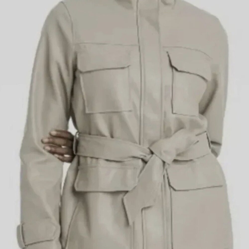 A New Day Anorak Faux Leather Womens Jacket Coat XS Full Zip Tie Front NEW